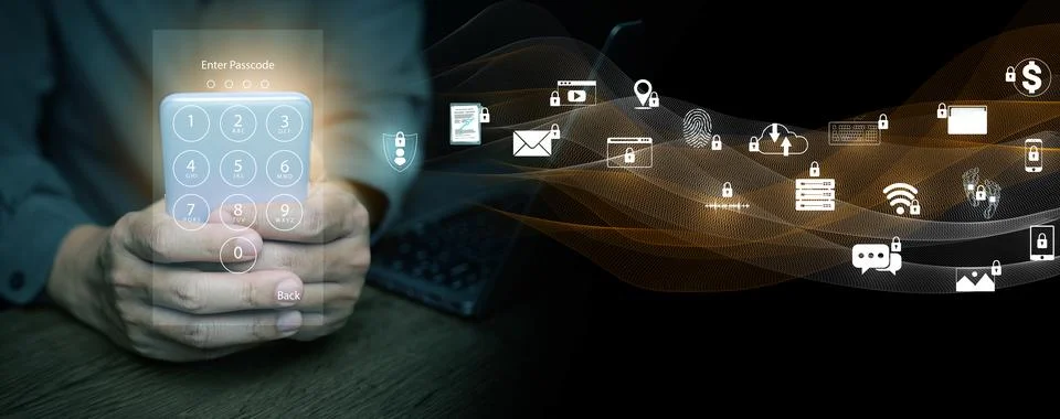 Person entering passcode on smartphone with floating digital security icons.. Stock Photos