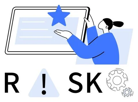 Person Evaluating Risk with Digital Tablet and Star Symbol Above Risk Letteri Illustrazione stock