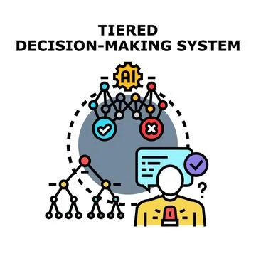 Person evaluating tiered decision making system with artificial intelligence Illustrazione stock