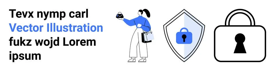 Person examining data while holding a device, flanked by shield and padlock i Stock Illustration