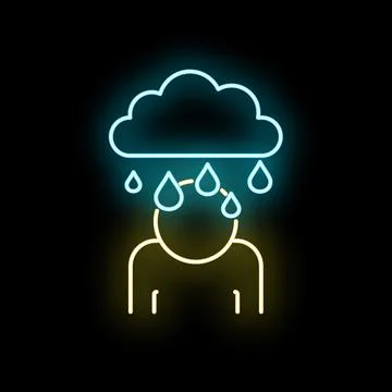 Person experiencing depression with rainy cloud neon sign Stock Illustration