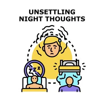 Person experiencing unsettling night thoughts and insomnia concept Stock Illustration