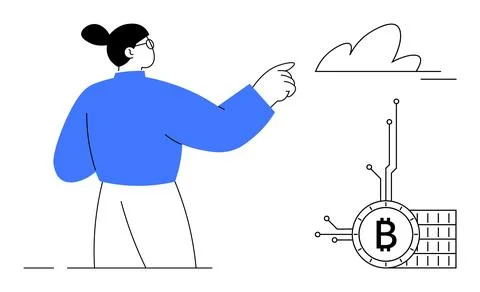 Person Exploring Bitcoin Cryptocurrency in Digital Future with Cloud Storage Illustrazione stock