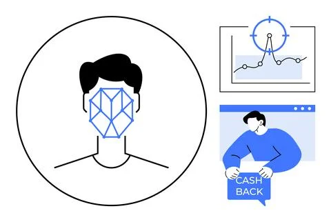 A person with facial recognition pattern, a data chart with a target, a man c Stock Illustration