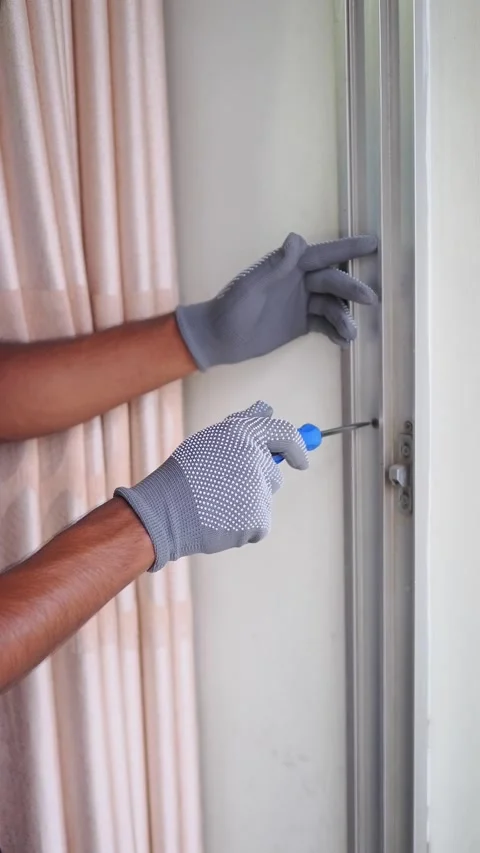 Person fixing a window with a screwdriver Video stock 345102036