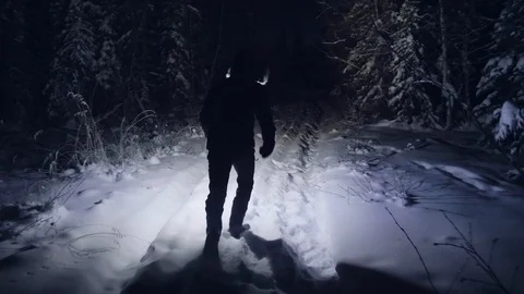 Person with flashlight run at night in deep snow forest, slow motion Stock Footage 124107553