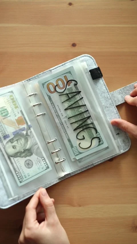 Person flipping through clear envelopes in a budget binder Stock Footage 331772065