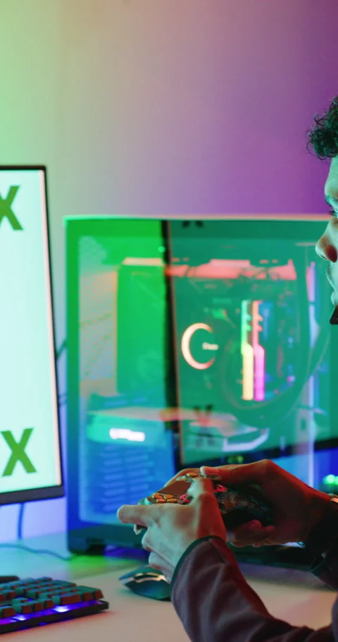 Person, gaming and controller with computer screen in home for streaming, video Stock Footage 335104700