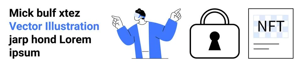 Person gesturing with both hands, large padlock symbolizing security, NFT dig Stock Illustration