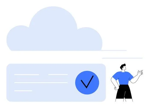 Person Gesturing Towards a Large Cloud with a Checkmark for Cloud Storage A.. Stockillustratie