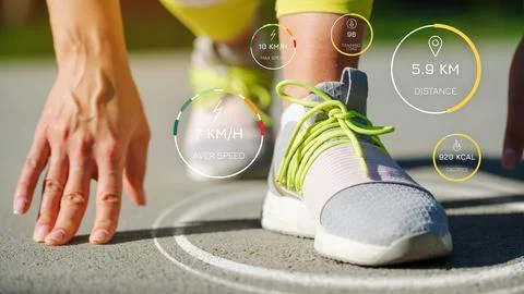 Person getting ready to run while checking running metrics on a sports app on a Stock Photos