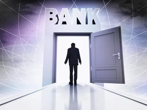 Person going to bank through magic doorway background illustration Ilustración de archivo