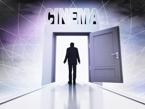 Person going to cinema screening through magic doorway background Ilustración de archivo