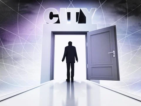 Person going to city behind magic doorway background illustration Ilustración de archivo