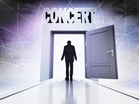 Person going to concert behind magic doorway background illustration Ilustración de archivo