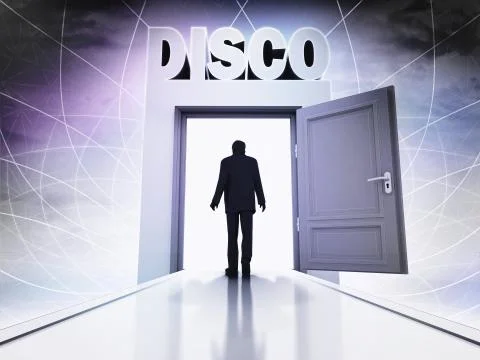 Person going to disco through magic doorway background illustration Ilustración de archivo