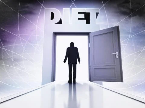 Person going to hold diet at magic doorway background illustration Ilustración de archivo