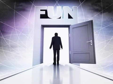 Person going tohave fun behind magic doorway background illustration Ilustración de archivo