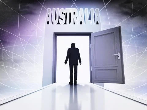 Person going to visit australia behind magic doorway background illustration Ilustración de archivo