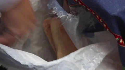 Person grabbing a loaf of bread from a sack Stock Footage 83553025
