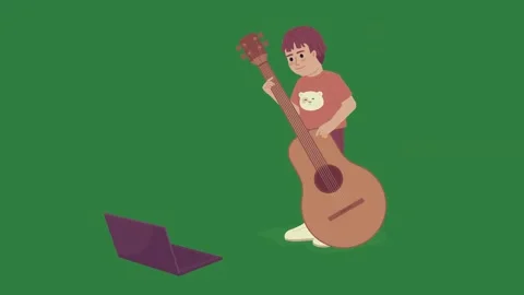 A person with guitar and laptop man playing on green screen animated chromakey Video stock 335129953