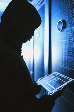Person, hacker and tablet screen in server room at night for coding, cybera.. 스톡 사진
