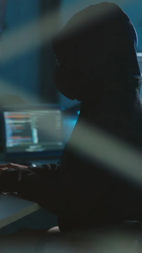 Person, hacker and typing with computer at night to bypass security, cyberattack Stock Footage 333684573