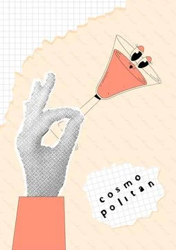 Person hand with halftone effect holds glass of cocktail cosmopolitan. Holiday Stock Illustration