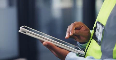 Person, hands and contractor with tablet for maintenance, security check or.. Stock Photos