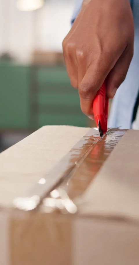 Person, hands and cutting with box for logistics, delivery or unpacking cargo in Stock Footage 334316150