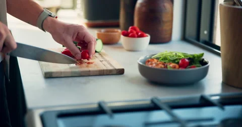 Person, hands and cutting with vegetables on board for meal prep, vegetarian Stock Footage 290078282