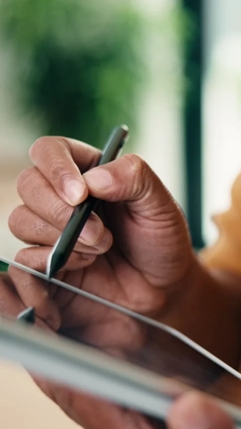 Person, hands and drawing with tablet pen in home for digital design, UI or Stock Footage 338050505