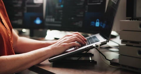 Person, hands and programmer with laptop for cybersecurity system, coding or Video stock 329819839