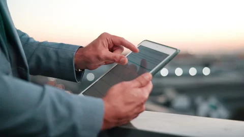 Person, hands and research with tablet screen on city balcony for business data Stock Footage 338024611