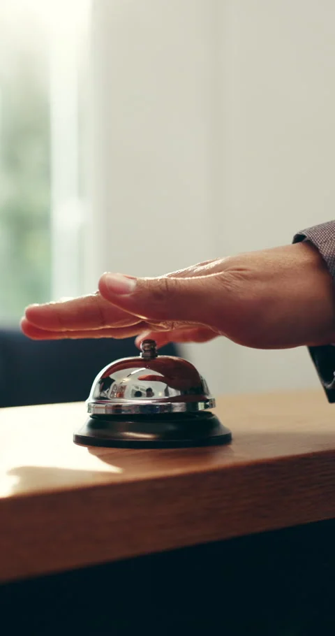 Person, hands and ring with bell for service, customer help or assistance on Stock Footage 319518109