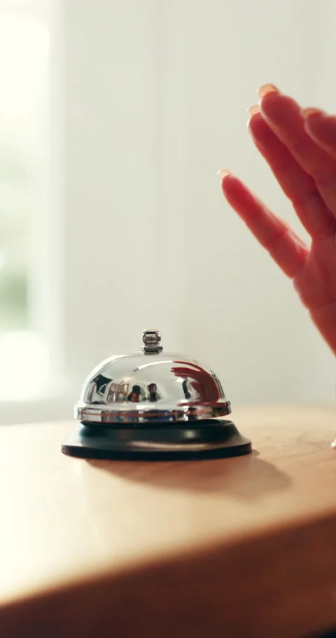 Person, hands and ring with service bell for customer help or assistance on Stock Footage 319548683