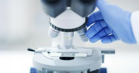 Person, hands and science with microscope for exam, medical investigation o.. Fotos de archivo