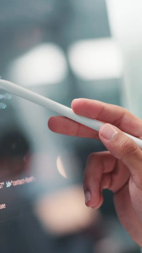 Person, hands and screen with code for software development, programming or Stock Footage 307414039