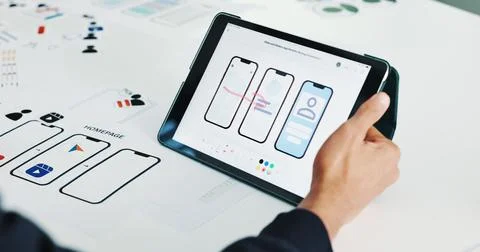 Person, hands and tablet screen with wireframes for software development, U.. Stock Photos