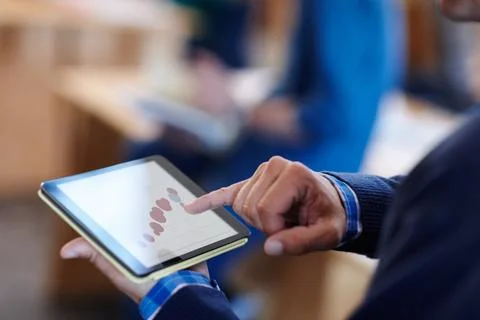 Person, hands and tablet screen with statistics for analytics or performanc.. Stock Photos