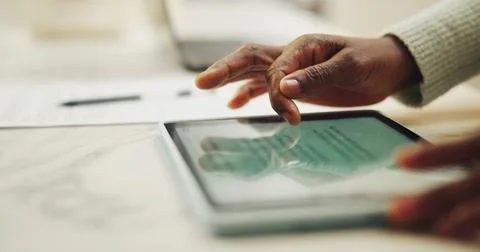 Person, hands and tablet screen with information for online network, connec.. Stock Photos