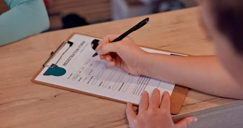 Person, hands and writing with registration at gym for membership application or Stock Footage 309600832