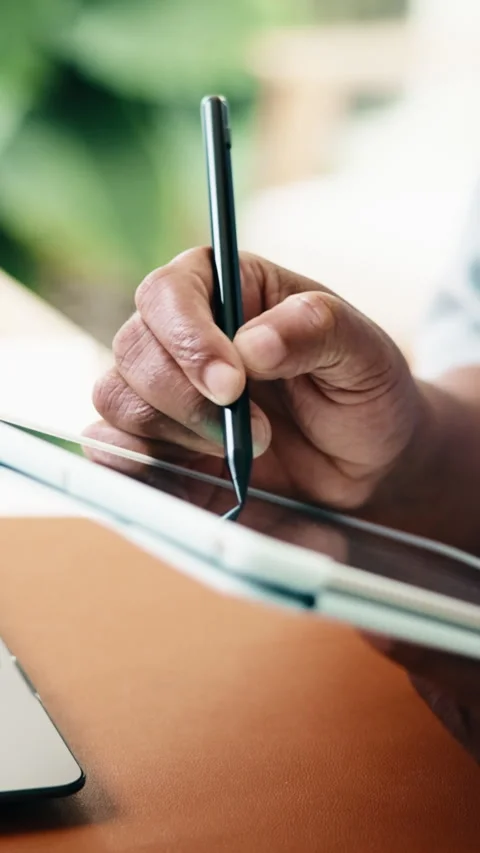 Person, hands and writing with tablet pen for digital design, UI or interaction Stock Footage 338050872