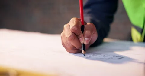 Person, hands or architect writing with blueprint for construction planning or Stock Footage 337014449