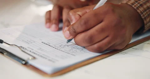 Person, hands or writing with form in office for application, feedback survey or Stock Footage 341388850