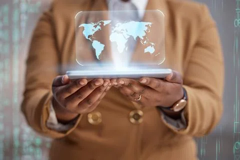 Person hands, tablet and map hologram for worldwide connection, global data and 写真素材