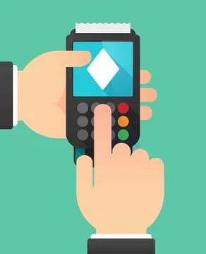 Person hands using a dataphone with  the  diamond  poker playing card sign Stock Illustration