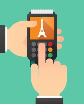 Person hands using a dataphone with   the Eiffel tower Stock Illustration