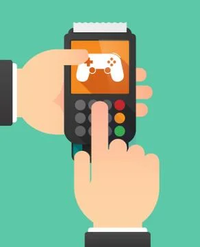 Person hands using a dataphone with  a game pad Stock Illustration