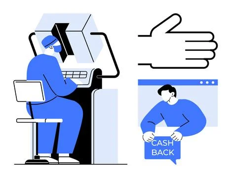 A person in a hat uses an ATM machine. A hand gesture icon and a person holdi イラスト素材